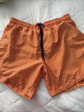 H&M Orange Geometric Swim Trunks with Black Drawstring